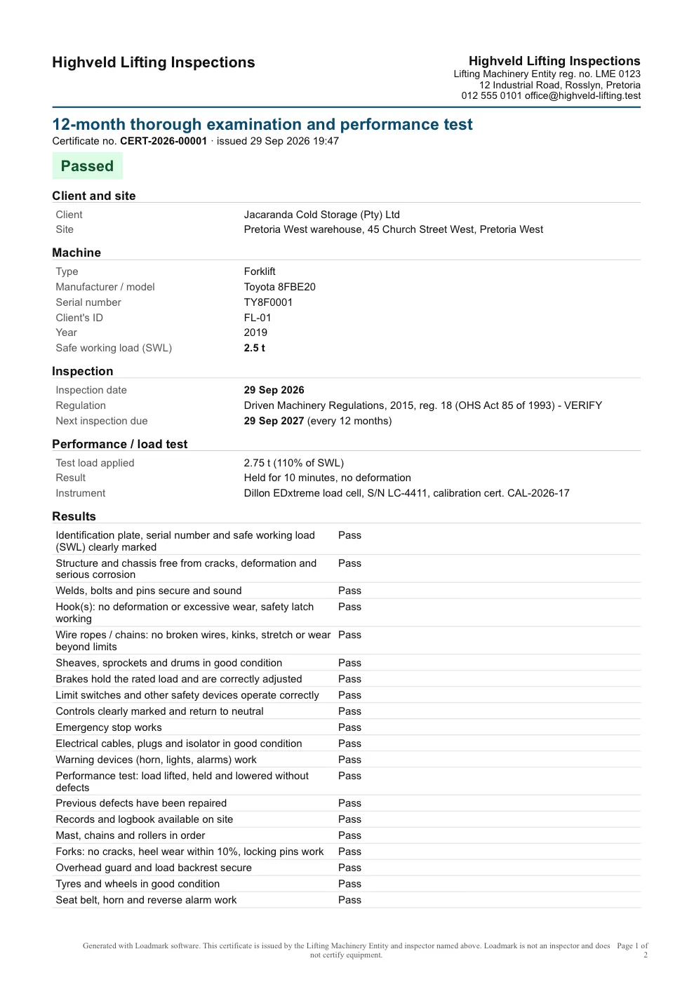 A Loadmark certificate for a 12-month thorough examination and performance test of a forklift