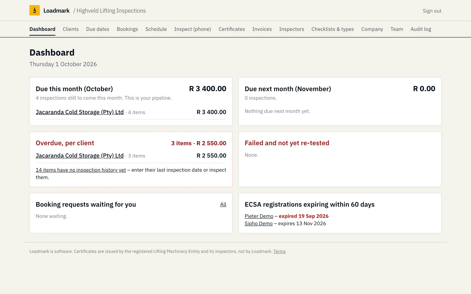 The Loadmark owner dashboard