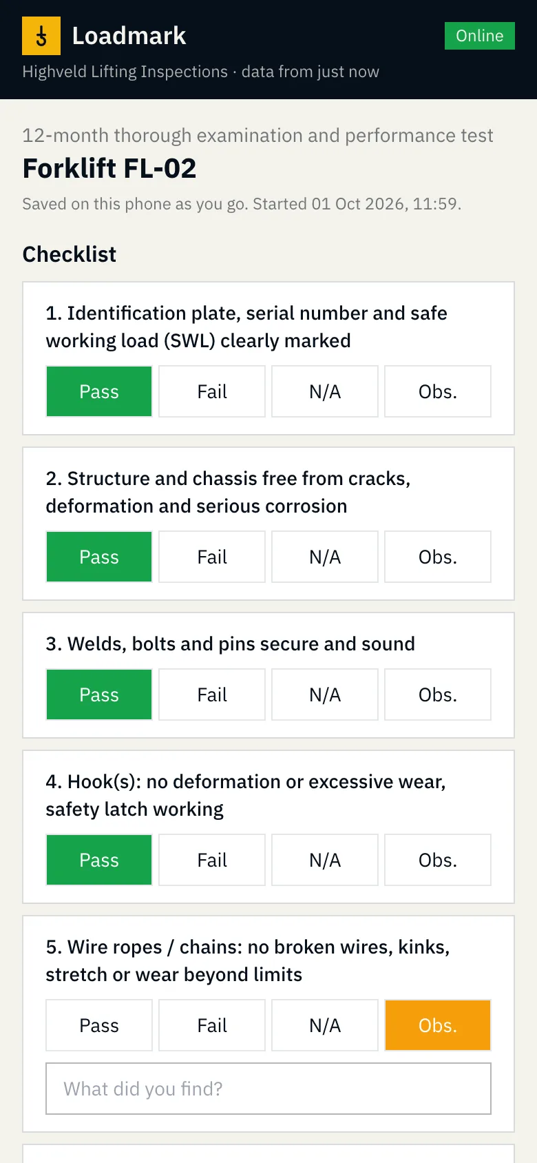 An inspection checklist on the phone