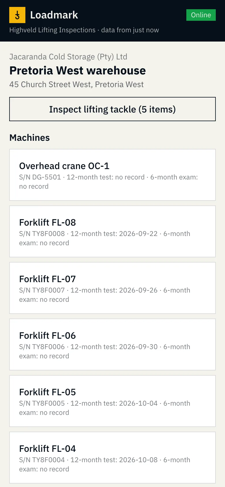 A client site's machines and due dates on the inspector's phone