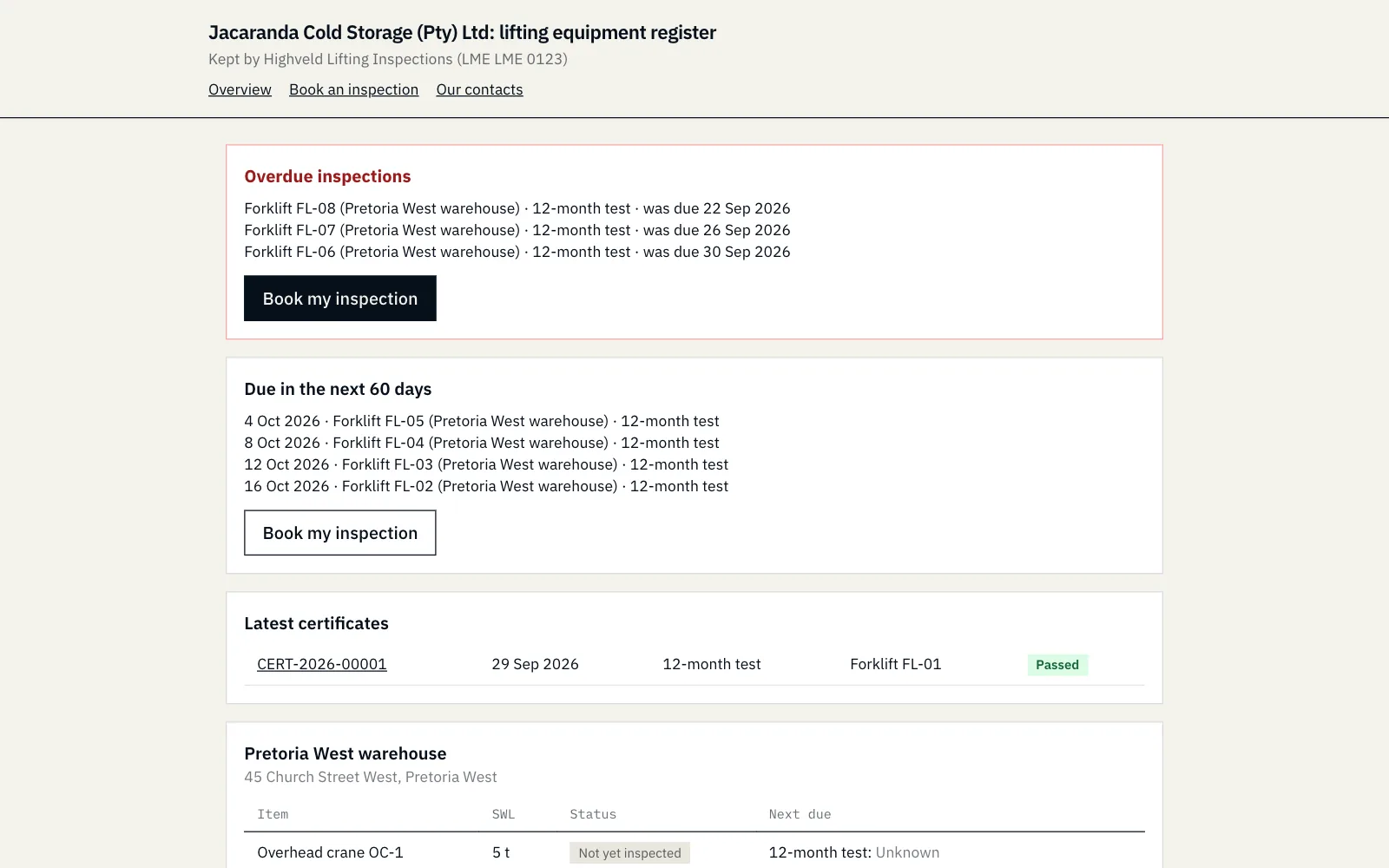 The client portal showing a client's equipment register